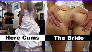 Bride pissing in a dress shop