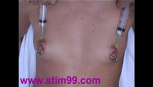 Nipples saline injection, a nice amateur getting kinky