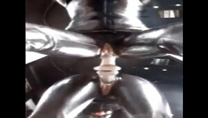 Dildo ride sucking and cumshot in latex and thigh boots
