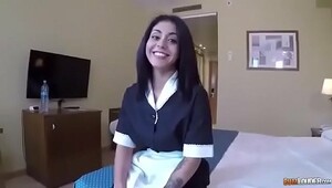 Dirty maid sucking on her dildo at home