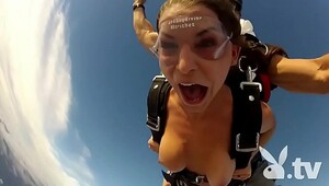 Skydiving naked, juicy chicks enjoy getting banged during porn